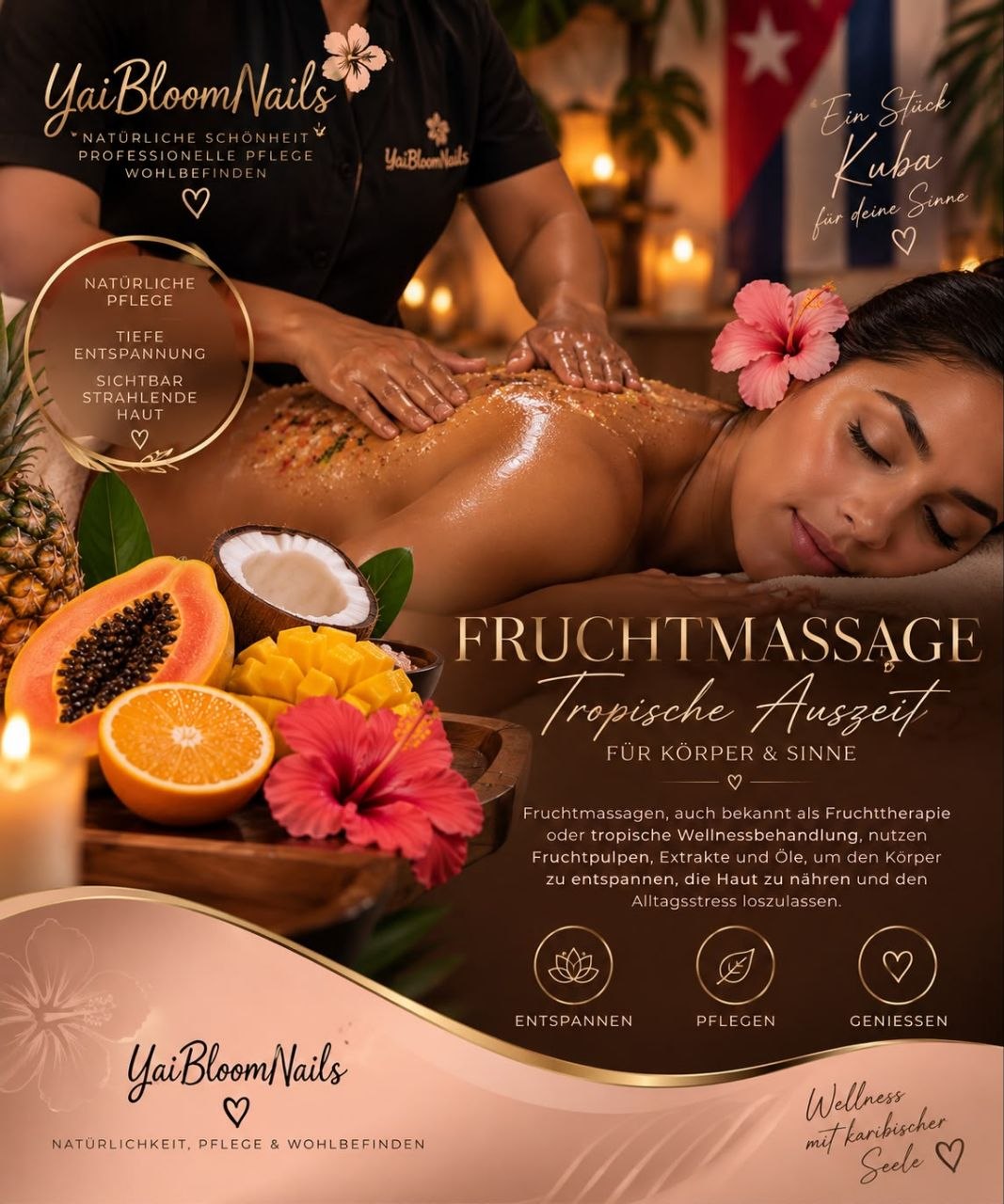 Werbemotiv für eine tropische Fruchtmassage bei Yai BloomNails